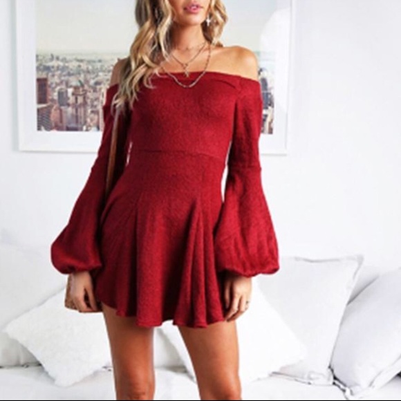 🌺Free Life Red Off Shoulder Puff Sleeves Dress - Picture 2 of 6